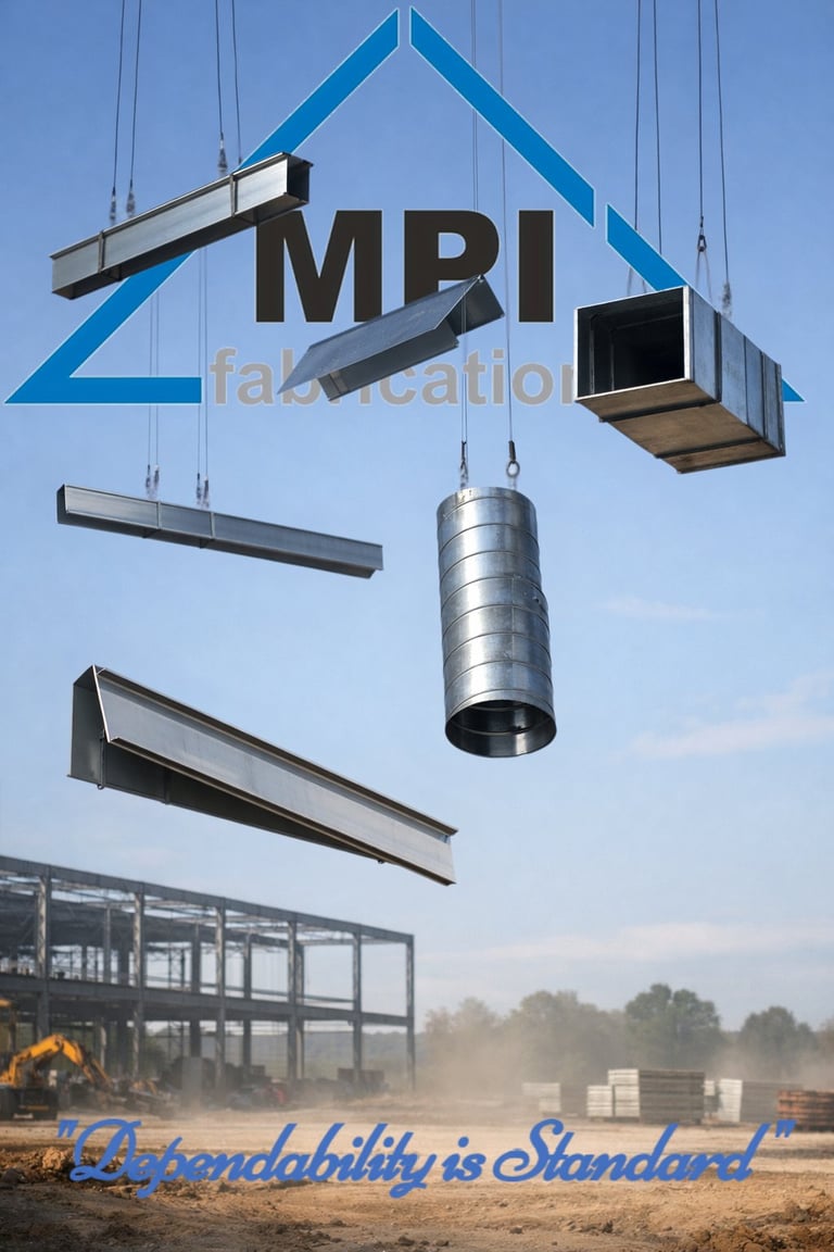 MBI construction company logo with blue house outline and suspended metal building materials including ducts and beams against cloudy sky