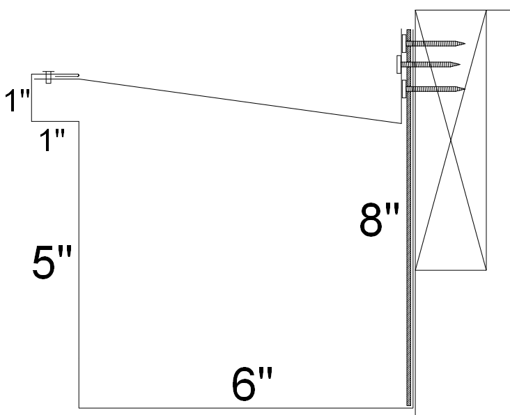MPI Fabrication GT-1 aluminum box gutter — profile submittal drawing showing 8-inch rear vertical, 6-inch bottom, 5-inch front face, 1-inch by 1-inch box lip, top strap, rear reinforcing support, pancake screws, and attachment into wood blocking